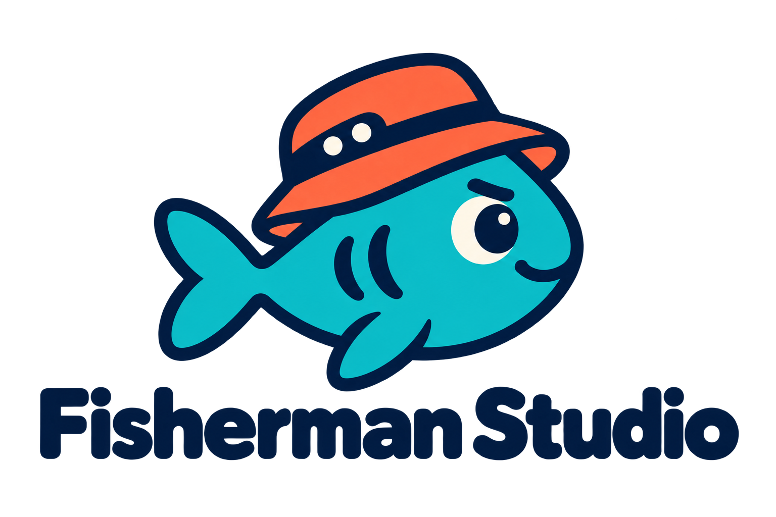 Fisherman Studio: a turquoise fish wearing an orange fishing hat